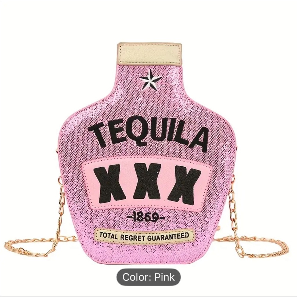 Pink Glitter Tequila Bottle Crossbody Bag